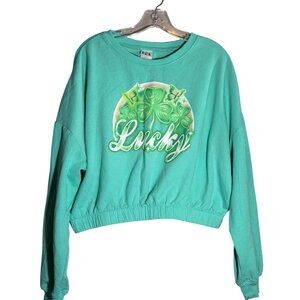 St. Patricks Day Lucky Clover Graphic Cropped Crewneck Sweatshirt XL Mint Green